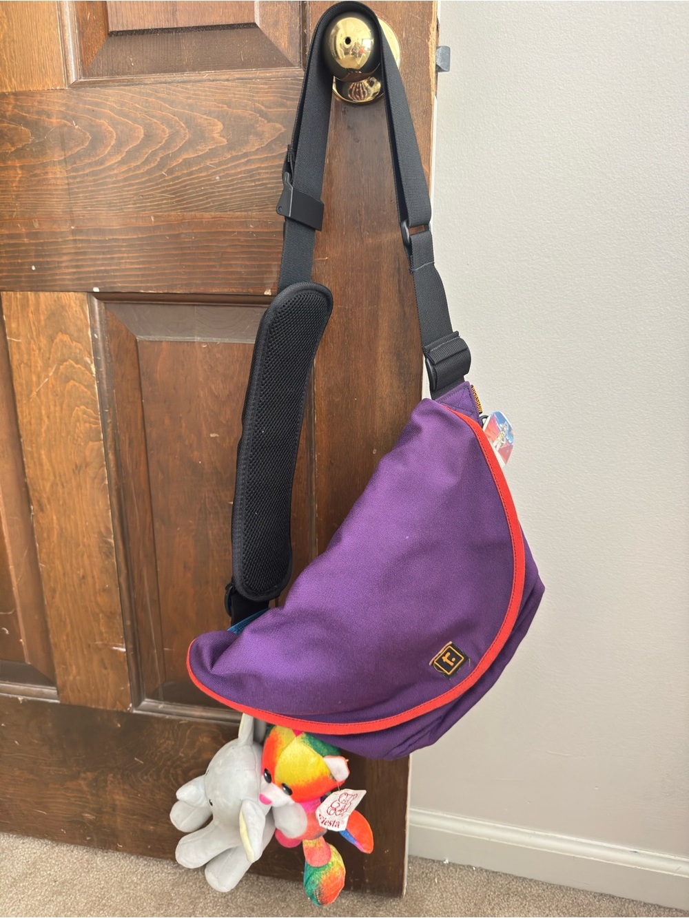 Rickshaw Purple Crossbody Sling Bag with Red/orange Trim and charms